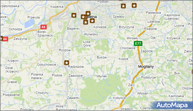 mapa Buków gmina Mogilany, Buków gmina Mogilany na mapie Targeo