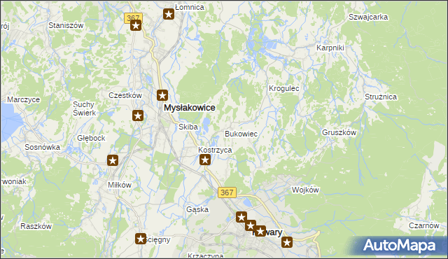 mapa Bukowiec gmina Mysłakowice, Bukowiec gmina Mysłakowice na mapie Targeo