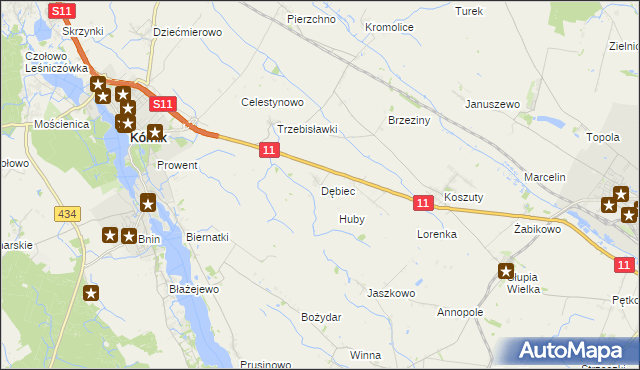 mapa Dębiec gmina Kórnik, Dębiec gmina Kórnik na mapie Targeo
