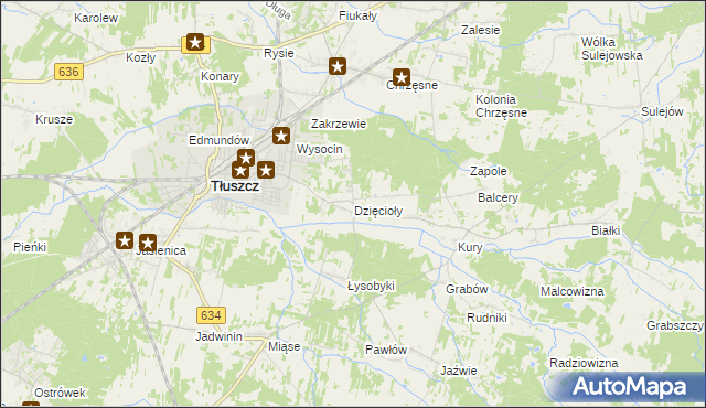 mapa Dzięcioły gmina Tłuszcz, Dzięcioły gmina Tłuszcz na mapie Targeo