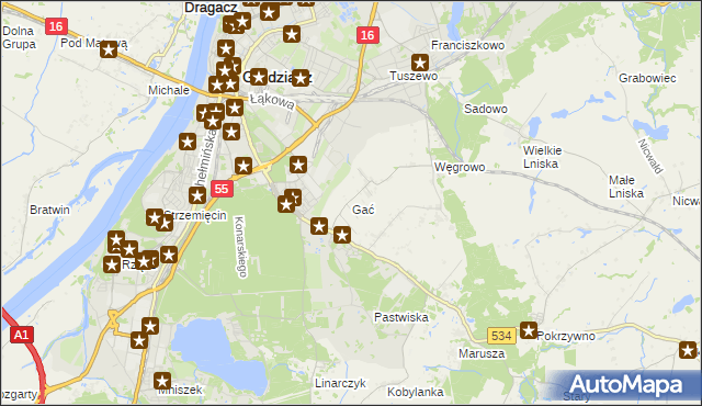 mapa Gać gmina Grudziądz, Gać gmina Grudziądz na mapie Targeo