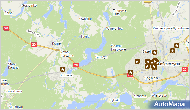 mapa Garczyn gmina Kościerzyna, Garczyn gmina Kościerzyna na mapie Targeo