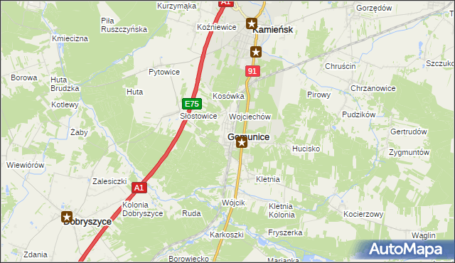 mapa Gomunice, Gomunice na mapie Targeo