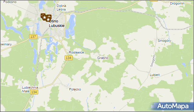 mapa Grabno gmina Ośno Lubuskie, Grabno gmina Ośno Lubuskie na mapie Targeo