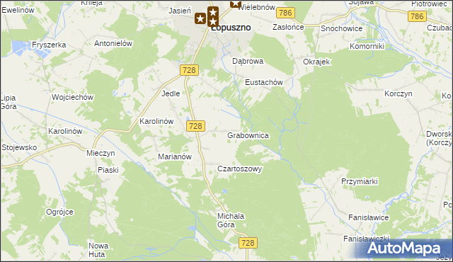 mapa Grabownica gmina Łopuszno, Grabownica gmina Łopuszno na mapie Targeo