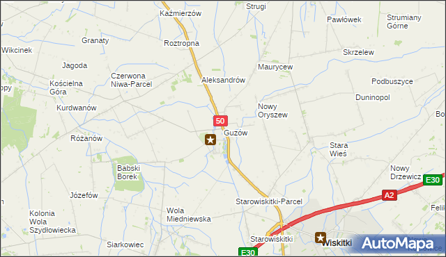 mapa Guzów gmina Wiskitki, Guzów gmina Wiskitki na mapie Targeo