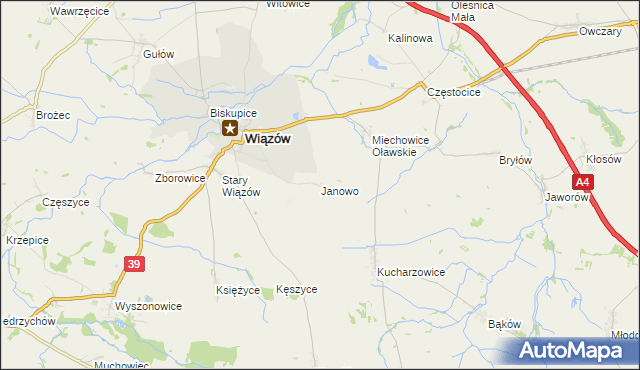 mapa Janowo gmina Wiązów, Janowo gmina Wiązów na mapie Targeo