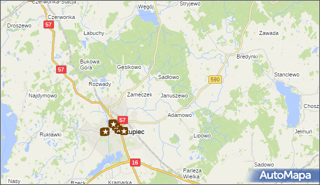 mapa Januszewo gmina Biskupiec, Januszewo gmina Biskupiec na mapie Targeo