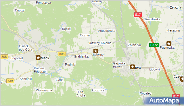 mapa Jaźwiny gmina Pilawa, Jaźwiny gmina Pilawa na mapie Targeo