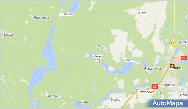 mapa Jeleni Róg gmina Człopa, Jeleni Róg gmina Człopa na mapie Targeo