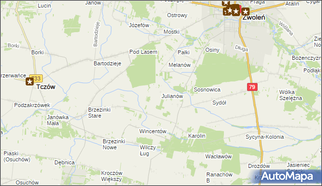 mapa Julianów gmina Tczów, Julianów gmina Tczów na mapie Targeo