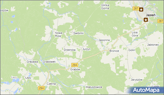 mapa Jurzyn gmina Jasień, Jurzyn gmina Jasień na mapie Targeo