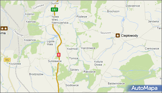 mapa Karczowice gmina Ciepłowody, Karczowice gmina Ciepłowody na mapie Targeo