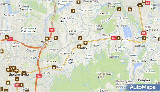 mapa Kozy powiat bielski, Kozy powiat bielski na mapie Targeo