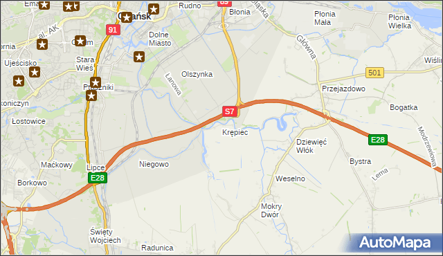 mapa Krępiec gmina Pruszcz Gdański, Krępiec gmina Pruszcz Gdański na mapie Targeo