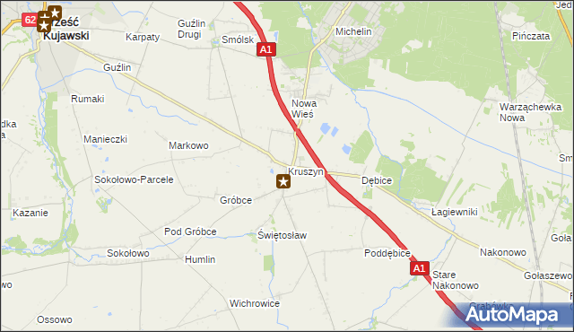 mapa Kruszyn gmina Włocławek, Kruszyn gmina Włocławek na mapie Targeo