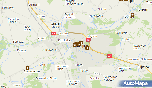 mapa Krzepice powiat kłobucki, Krzepice powiat kłobucki na mapie Targeo