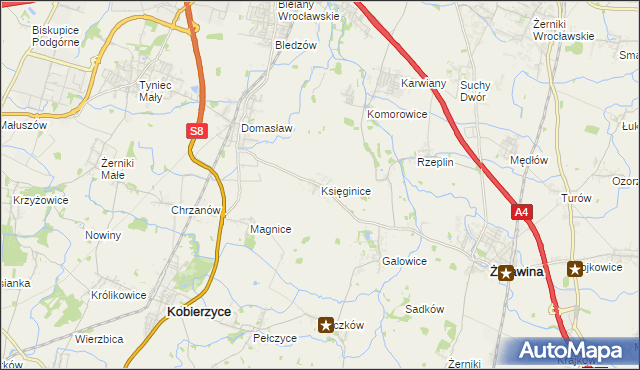 mapa Księginice gmina Kobierzyce, Księginice gmina Kobierzyce na mapie Targeo