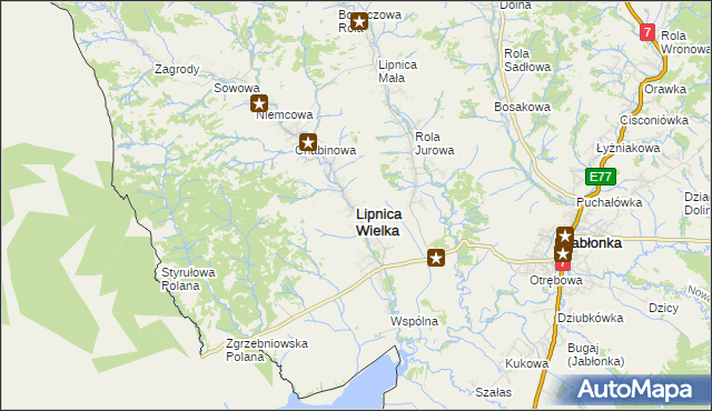 mapa Lipnica Wielka powiat nowotarski, Lipnica Wielka powiat nowotarski na mapie Targeo