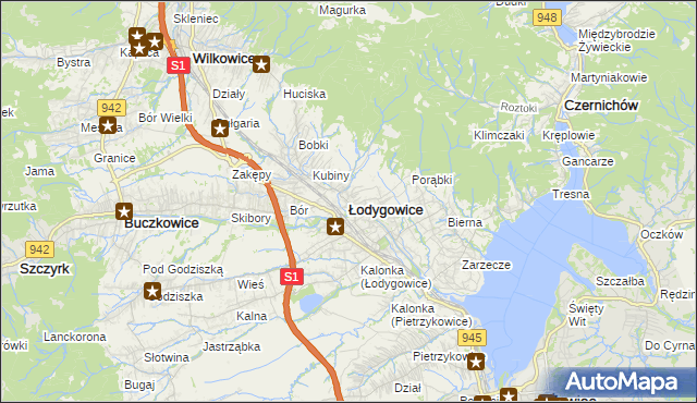 mapa Łodygowice powiat żywiecki, Łodygowice powiat żywiecki na mapie Targeo