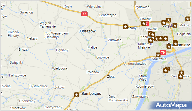 mapa Łojowice gmina Samborzec, Łojowice gmina Samborzec na mapie Targeo