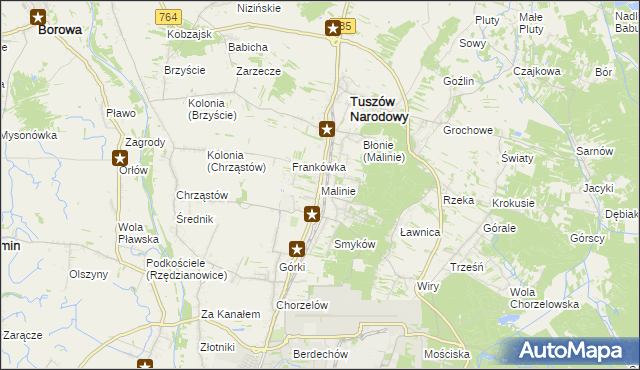 mapa Malinie gmina Tuszów Narodowy, Malinie gmina Tuszów Narodowy na mapie Targeo