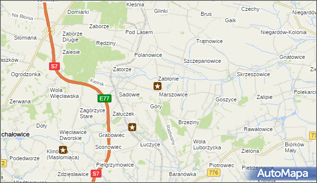 mapa Marszowice gmina Kocmyrzów-Luborzyca, Marszowice gmina Kocmyrzów-Luborzyca na mapie Targeo