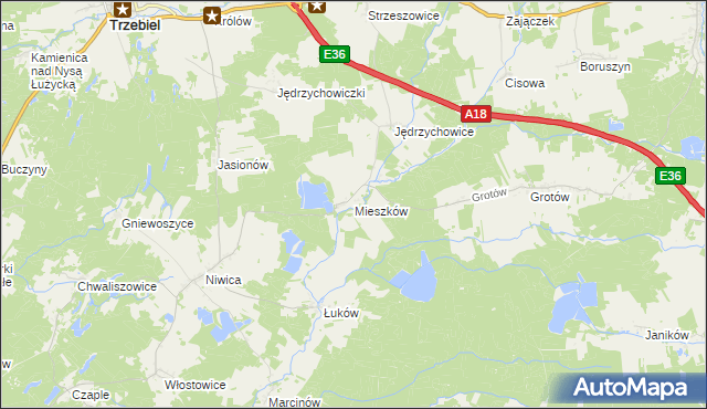 mapa Mieszków gmina Trzebiel, Mieszków gmina Trzebiel na mapie Targeo