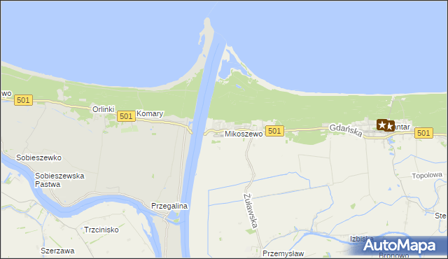 mapa Mikoszewo, Mikoszewo na mapie Targeo