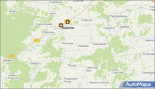 mapa Miłaczew gmina Malanów, Miłaczew gmina Malanów na mapie Targeo