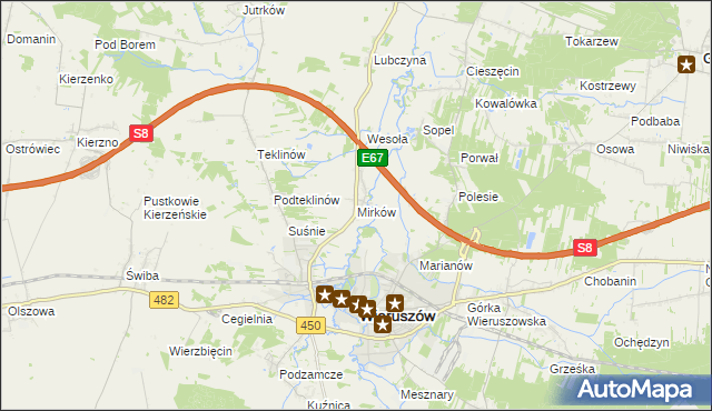 mapa Mirków gmina Wieruszów, Mirków gmina Wieruszów na mapie Targeo