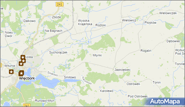 mapa Młynki gmina Więcbork, Młynki gmina Więcbork na mapie Targeo