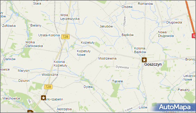 mapa Modrzewina gmina Goszczyn, Modrzewina gmina Goszczyn na mapie Targeo