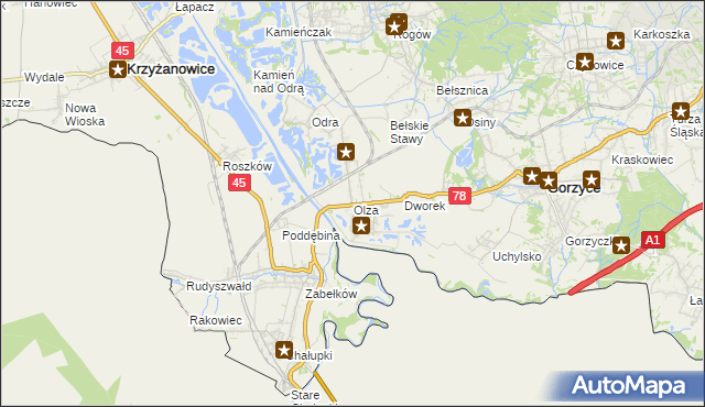 mapa Olza gmina Gorzyce, Olza gmina Gorzyce na mapie Targeo