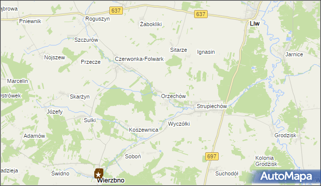 mapa Orzechów gmina Wierzbno, Orzechów gmina Wierzbno na mapie Targeo