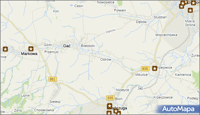 mapa Ostrów gmina Gać, Ostrów gmina Gać na mapie Targeo