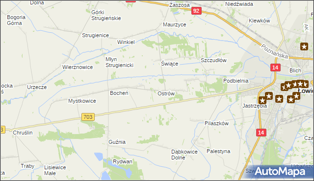 mapa Ostrów gmina Łowicz, Ostrów gmina Łowicz na mapie Targeo