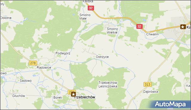 mapa Ostrzyce gmina Trzebiechów, Ostrzyce gmina Trzebiechów na mapie Targeo