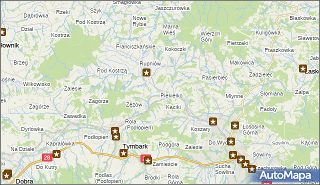 mapa Piekiełko gmina Tymbark, Piekiełko gmina Tymbark na mapie Targeo