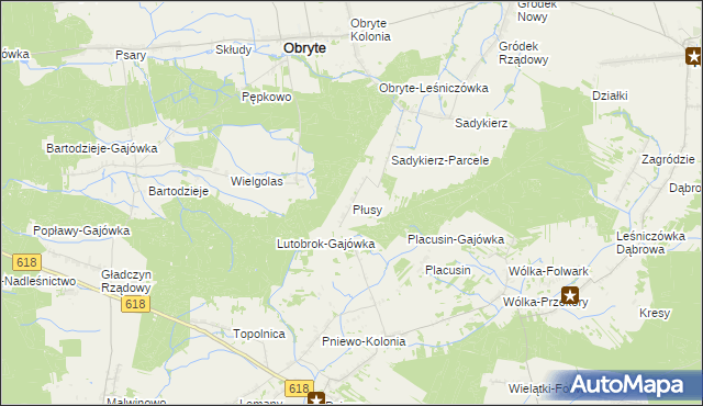 mapa Płusy gmina Obryte, Płusy gmina Obryte na mapie Targeo