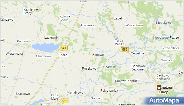 mapa Popowo gmina Tłuchowo, Popowo gmina Tłuchowo na mapie Targeo