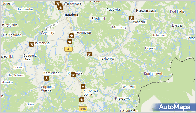 mapa Przyborów gmina Jeleśnia, Przyborów gmina Jeleśnia na mapie Targeo