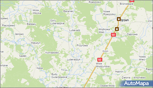 mapa Przyrowa gmina Ojrzeń, Przyrowa gmina Ojrzeń na mapie Targeo