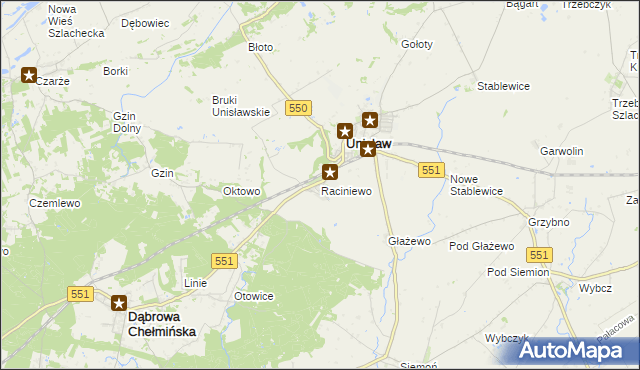 mapa Raciniewo gmina Unisław, Raciniewo gmina Unisław na mapie Targeo