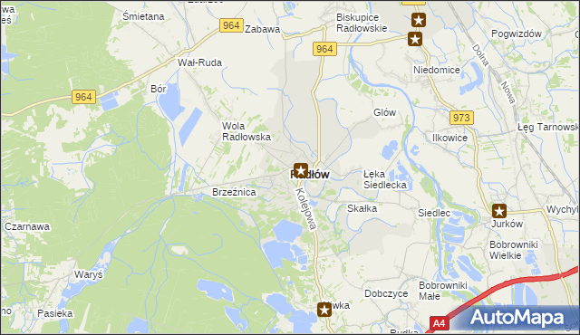 mapa Radłów powiat tarnowski, Radłów powiat tarnowski na mapie Targeo