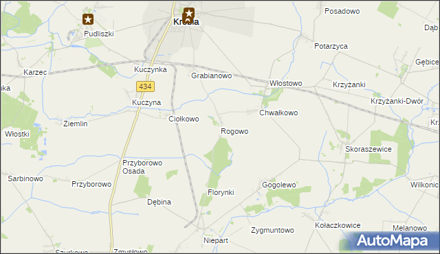 mapa Rogowo gmina Krobia, Rogowo gmina Krobia na mapie Targeo