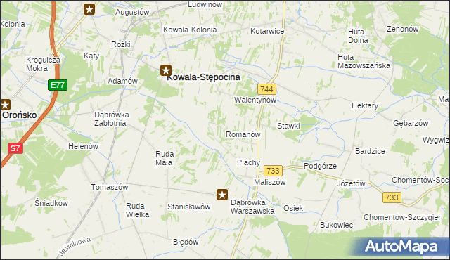 mapa Romanów gmina Kowala, Romanów gmina Kowala na mapie Targeo