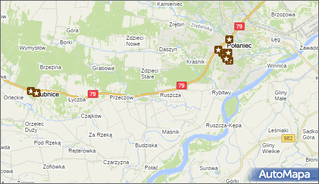 mapa Ruszcza gmina Połaniec, Ruszcza gmina Połaniec na mapie Targeo