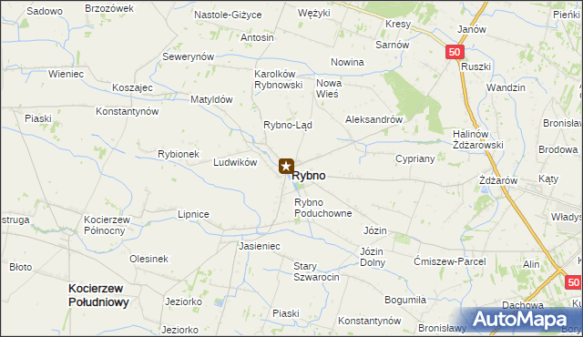 mapa Rybno powiat sochaczewski, Rybno powiat sochaczewski na mapie Targeo