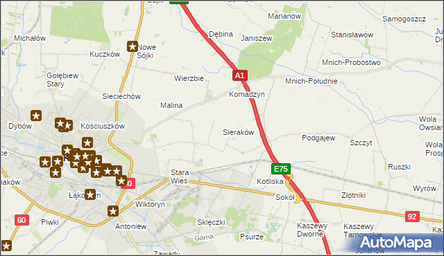 mapa Sieraków gmina Kutno, Sieraków gmina Kutno na mapie Targeo